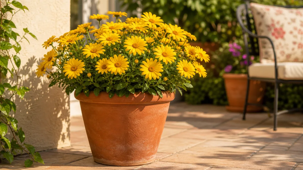 a terracotta pot filled with blooming yellow daisies on a sunny patio,…