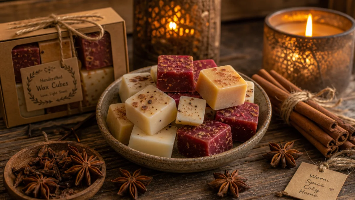 a rustic wooden table with handcrafted wax cubes, cinnamon sticks, and star…