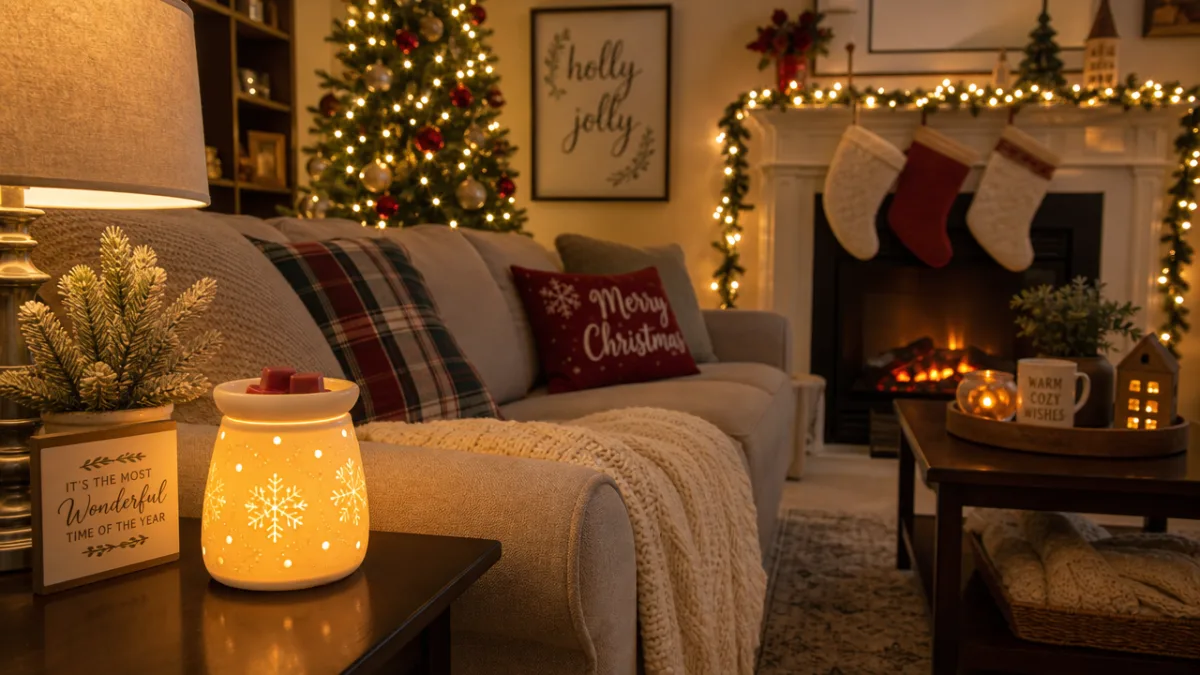 a cozy living room decorated for Christmas with a glowing electric wax…