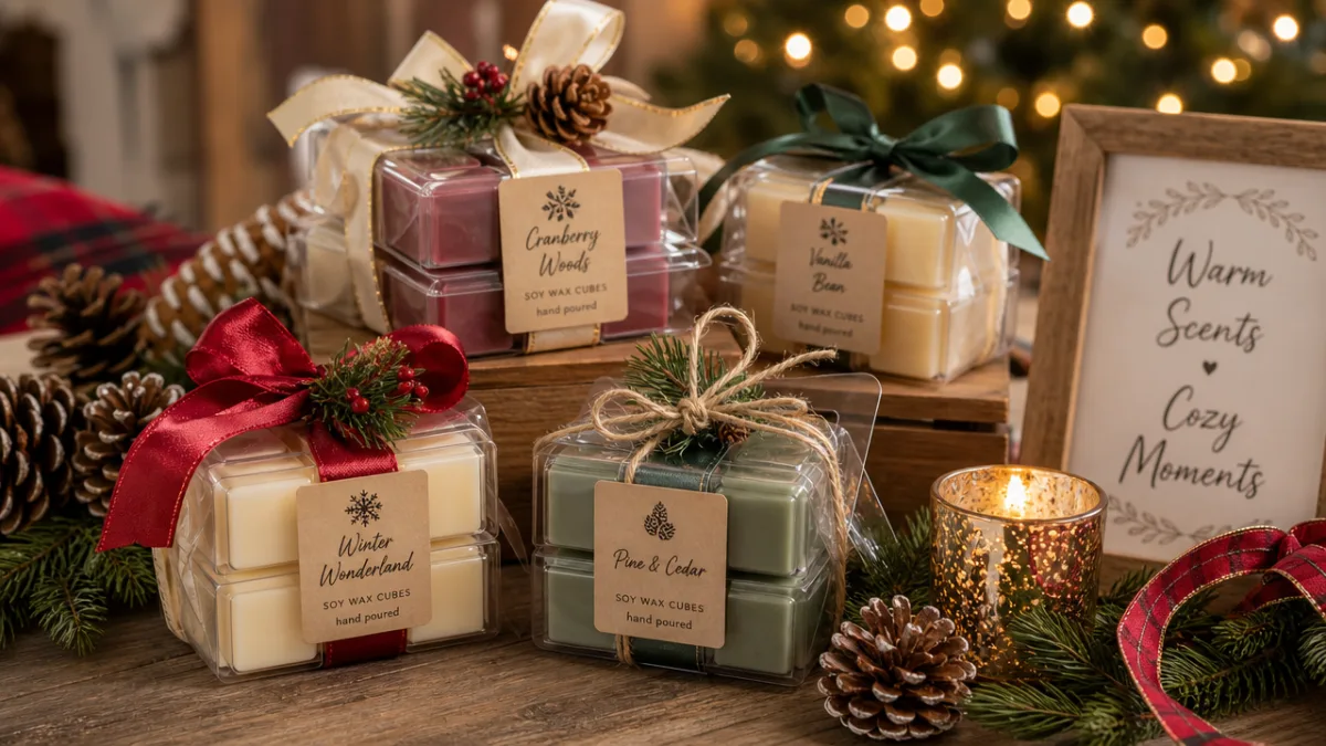 a festive gift table with wrapped wax cube packages, pine cones, and…