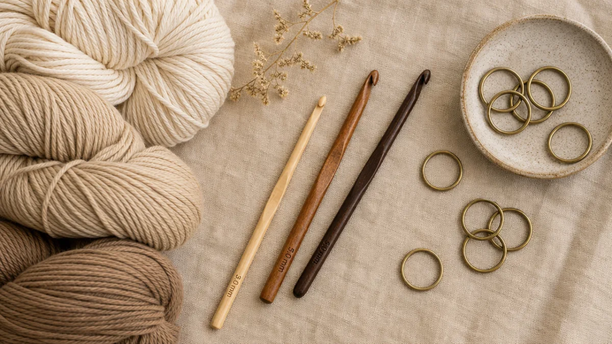 a flat lay of natural cotton yarn, crochet hooks, and metal rings…