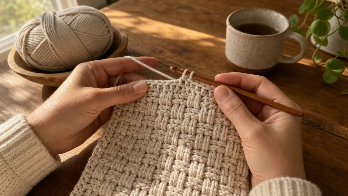 hands crocheting a neutral cotton woven stitch panel on a wooden table,…