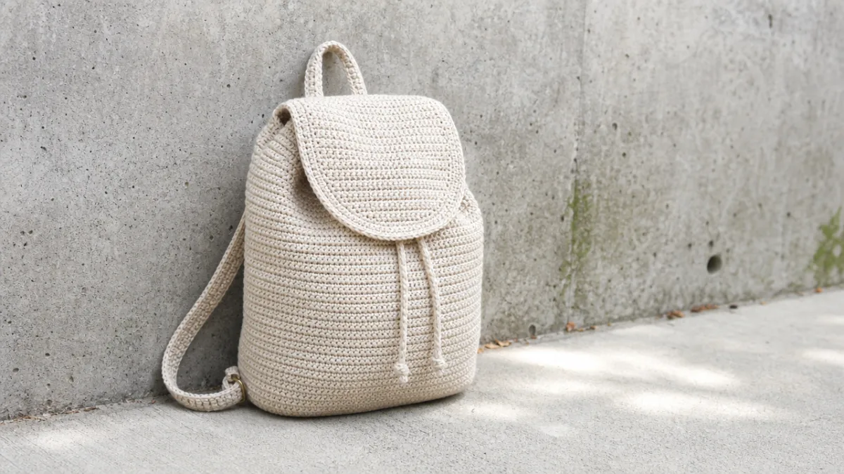 a finished minimalist crochet backpack resting against a concrete wall outdoors, bright…