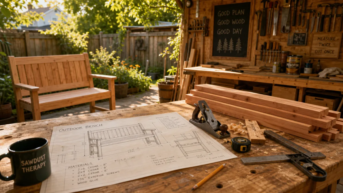 a sunlit backyard workshop with cedar lumber, woodworking tools, and outdoor bench…