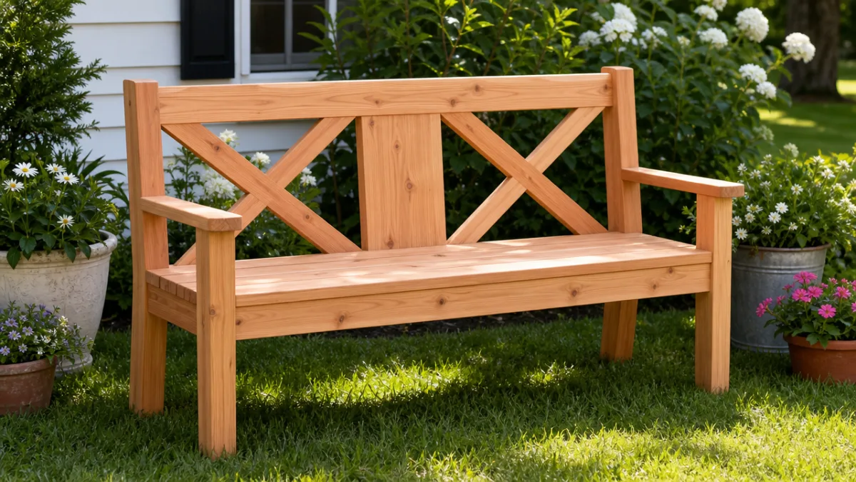a beautifully finished cedar farmhouse bench on a green lawn, surrounded by…