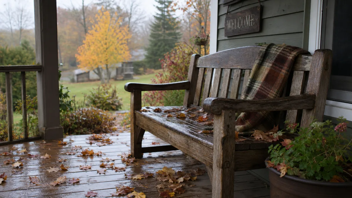 a rustic wooden outdoor bench on a covered porch, damp from morning…