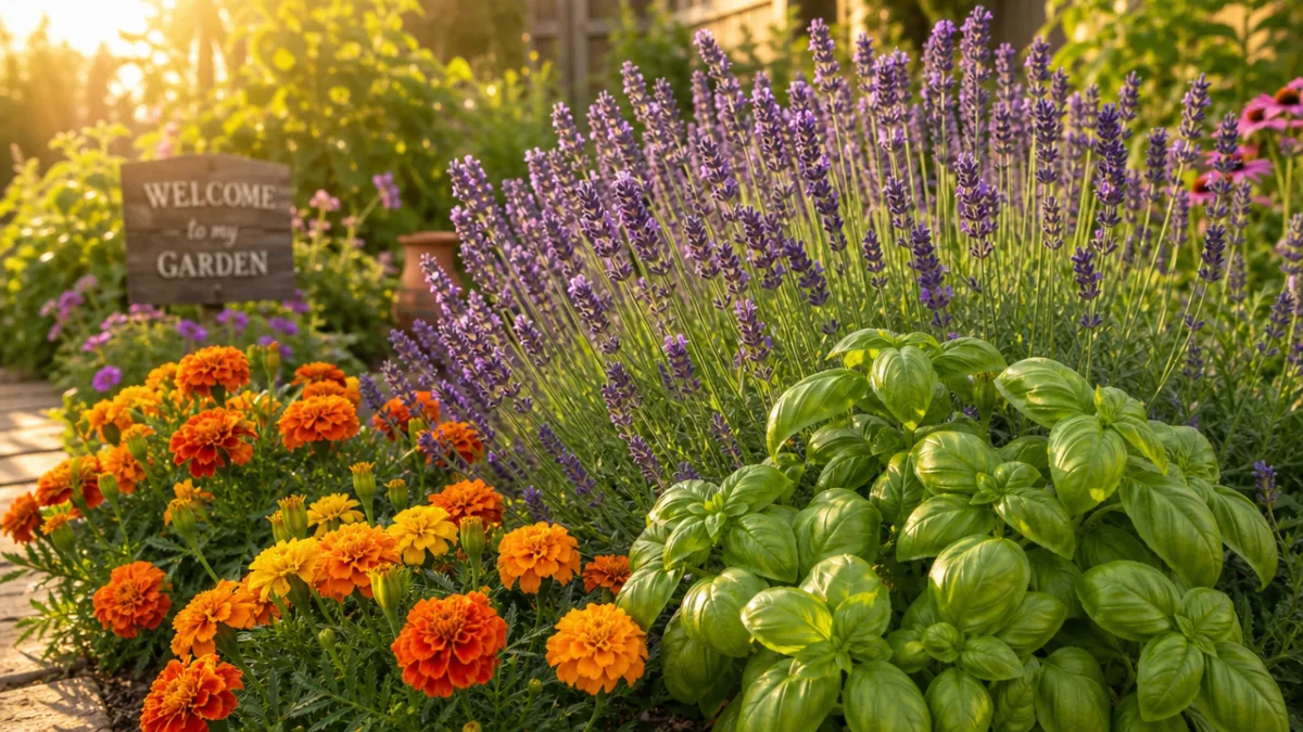 a lush garden bed filled with lavender, marigolds, and basil in warm…