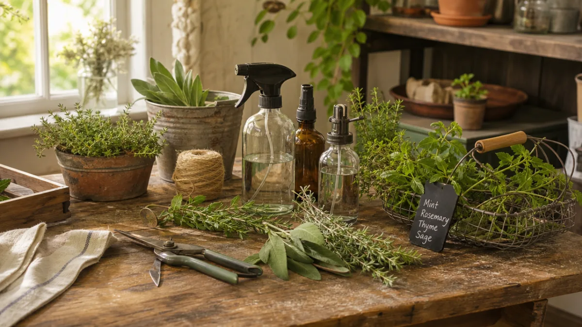 a rustic wooden table with glass spray bottles, fresh herbs, and garden…
