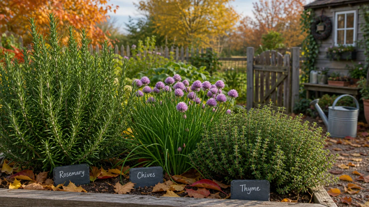 a thriving seasonal herb garden with rosemary, chives, and thyme under cool…