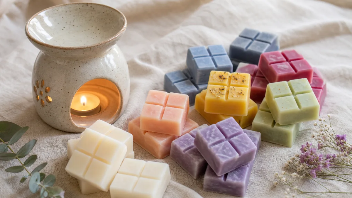 an array of colorful wax melt cubes arranged beside a ceramic burner…