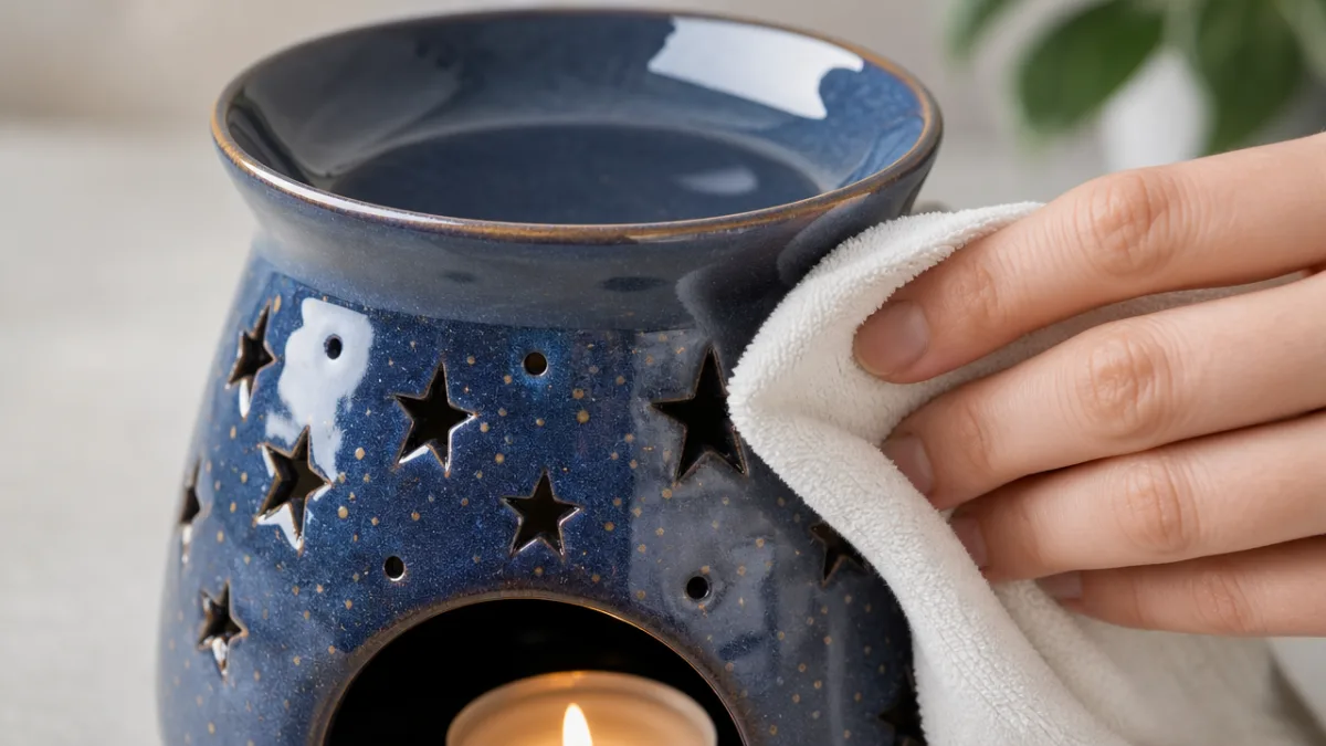 a close-up of a ceramic starry wax melt burner being gently cleaned…