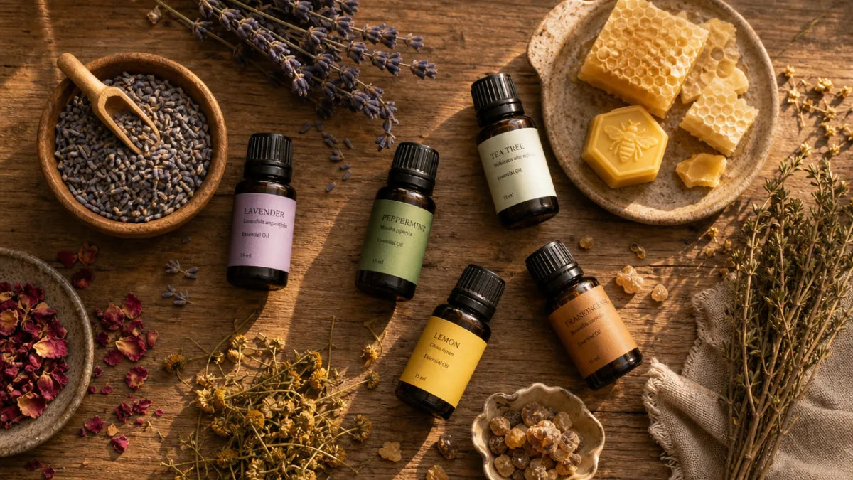 a flat lay of essential oil bottles, dried herbs, and beeswax on…