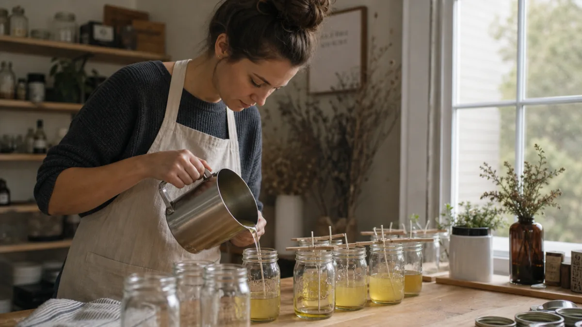 a person carefully pouring melted wax into mason jars on a wooden…