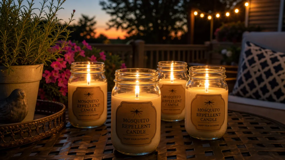 several finished mosquito repellent candles in mason jars on an outdoor patio…