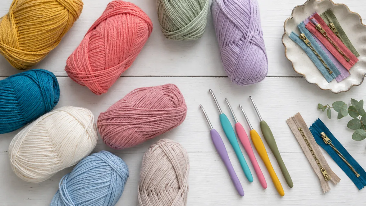 an overhead flat lay of colorful cotton yarn skeins, crochet hooks, and…