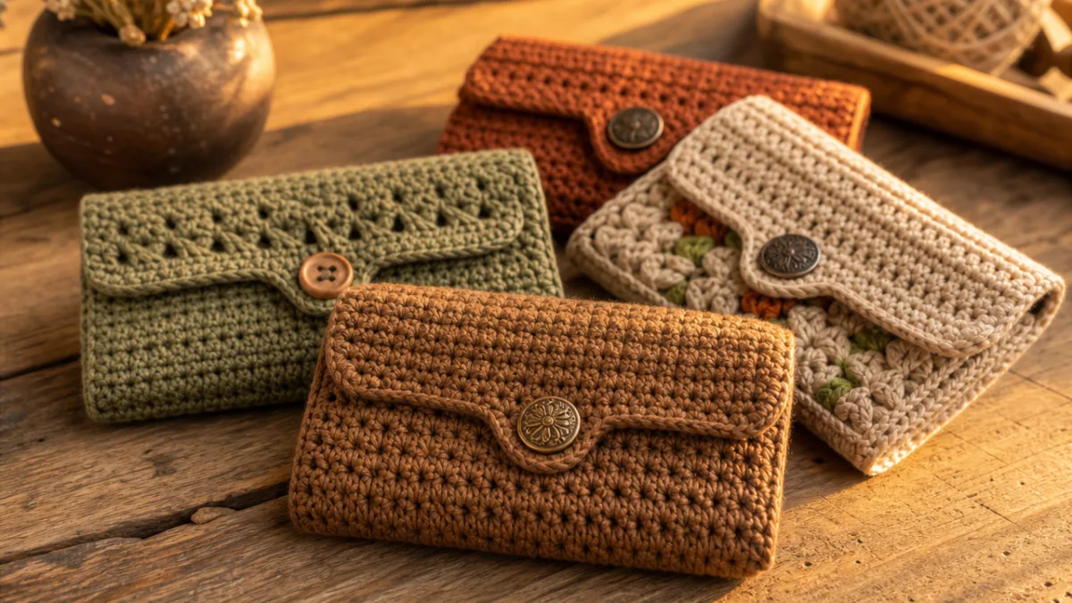 a close-up of handcrafted crochet wallets in earth tones arranged on a…