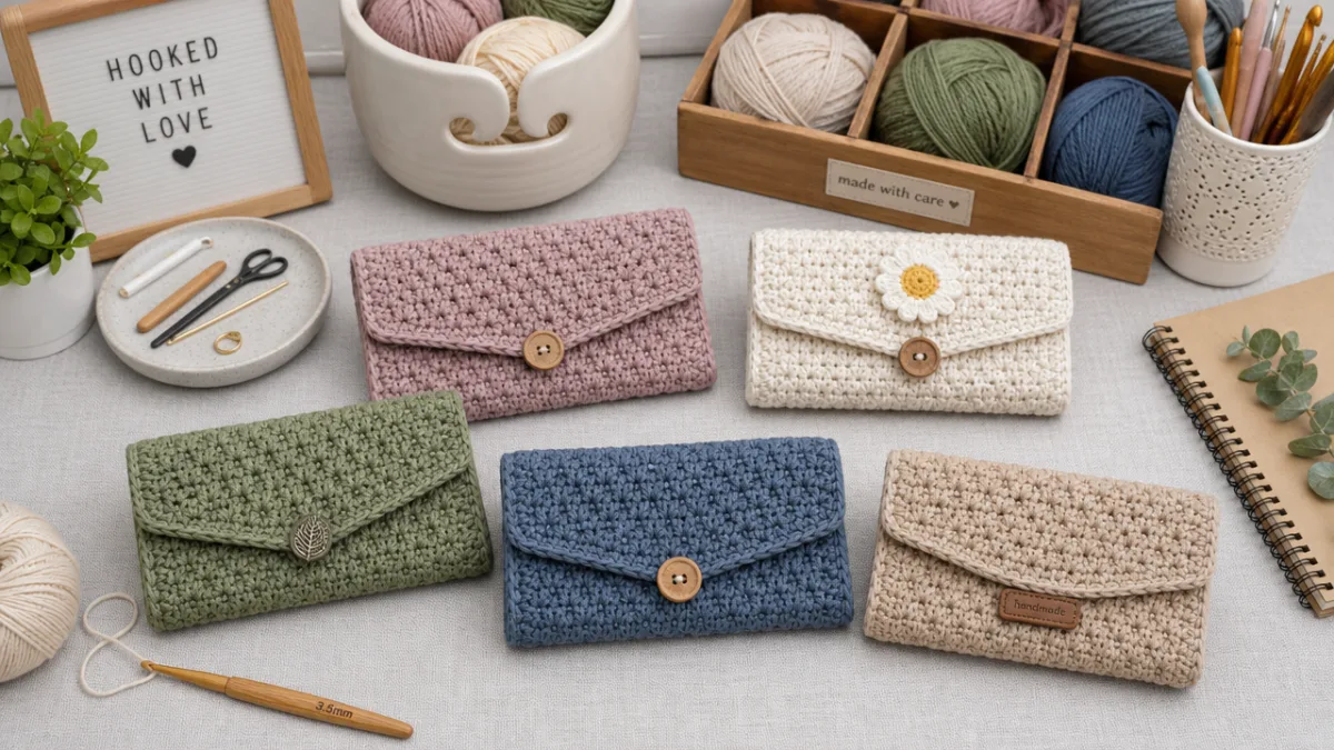 a neatly organized crafting workspace with finished crochet wallets displayed on a…