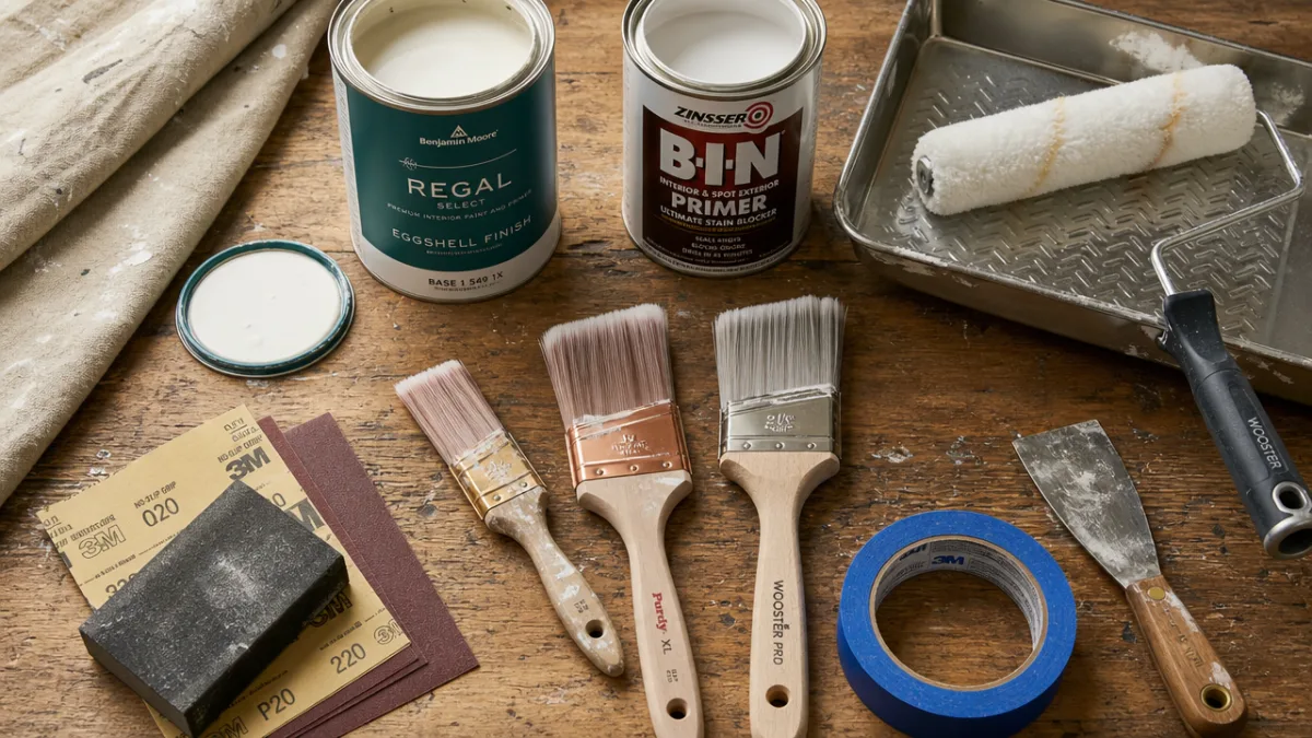 a flat lay of painting supplies including brushes, paint cans, primer, and…