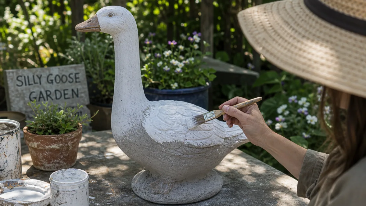 a concrete goose statue being painted outdoors on a sunny day, artist…