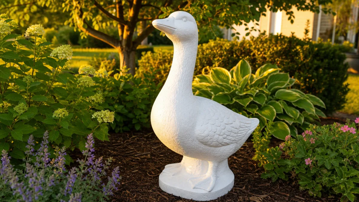 a freshly painted white concrete goose statue displayed in a lush green…
