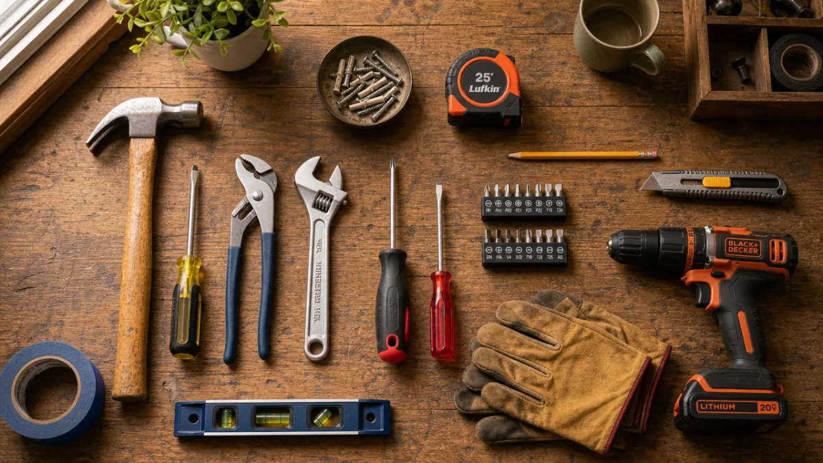 a flat lay of DIY repair tools on a wooden workbench, warm…