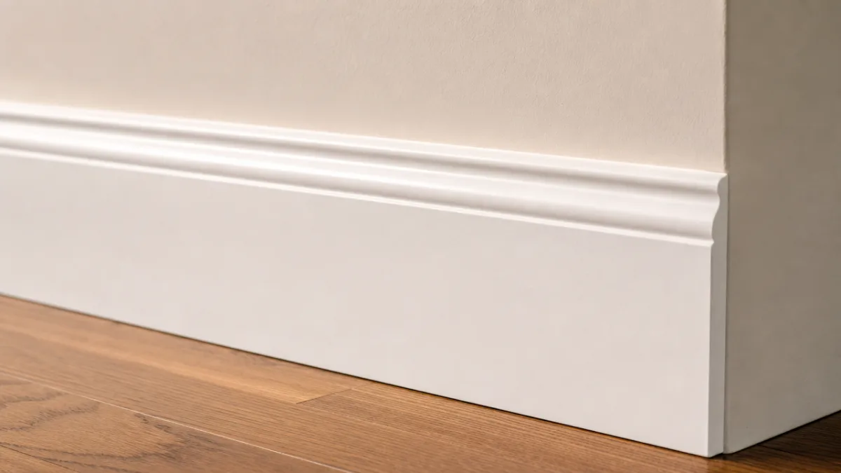 close-up of freshly painted white baseboard against a clean wall, soft warm…