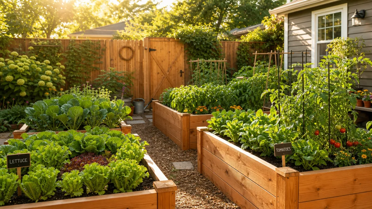 a sunlit backyard garden with neatly built cedar raised beds filled with…
