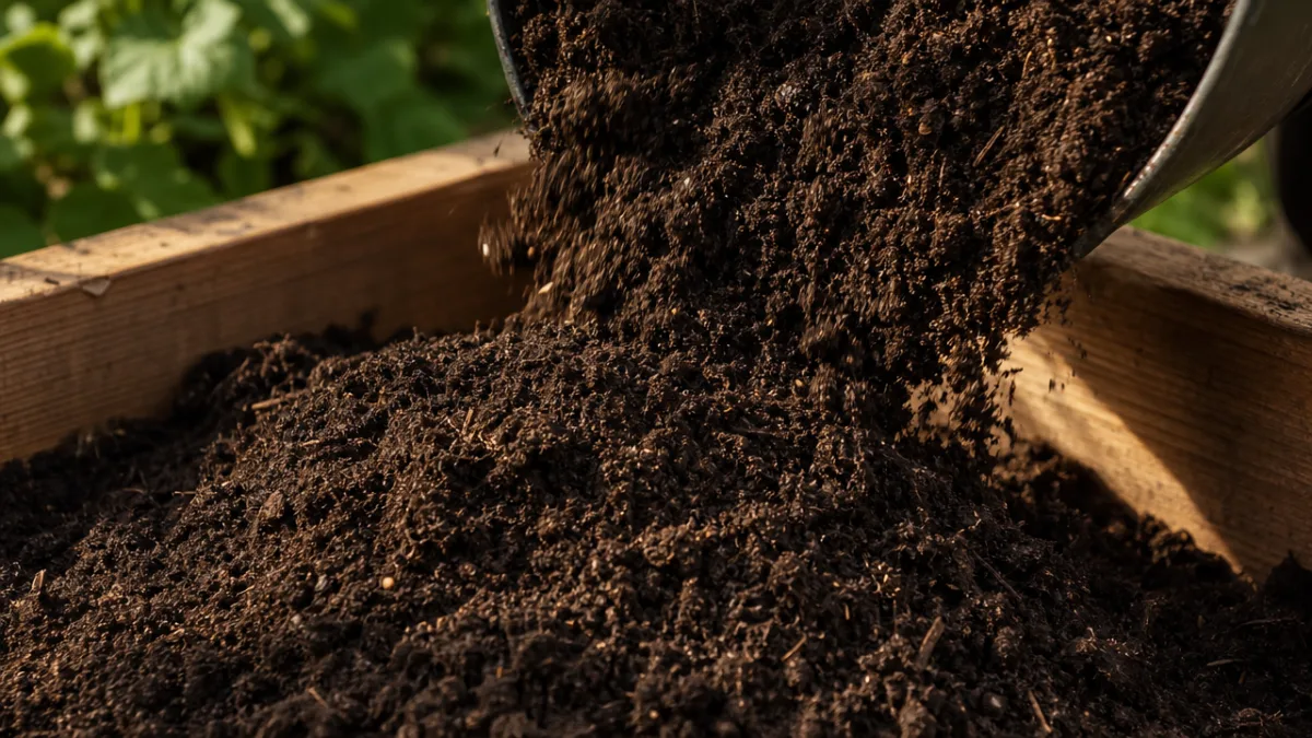 close-up of rich dark garden soil being poured into a raised bed,…