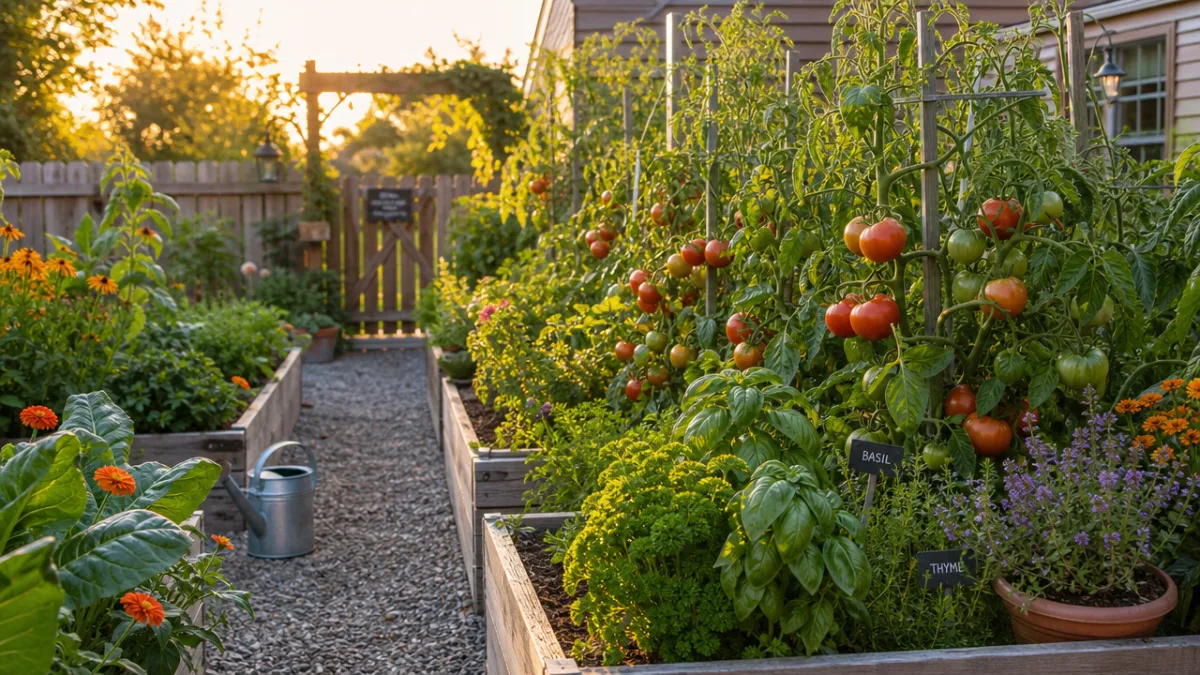 a beautifully maintained raised bed garden in late summer, overflowing with tomatoes…