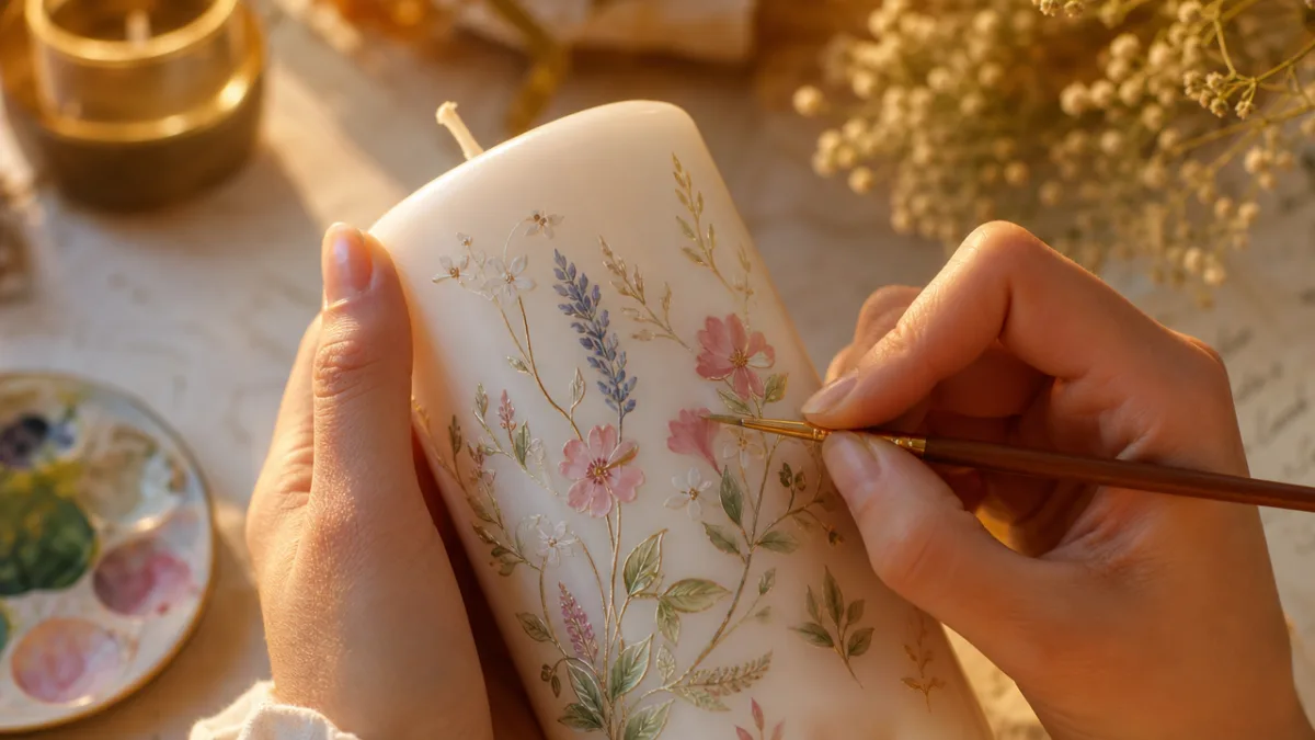 close-up of hands painting delicate floral designs on a white pillar candle,…