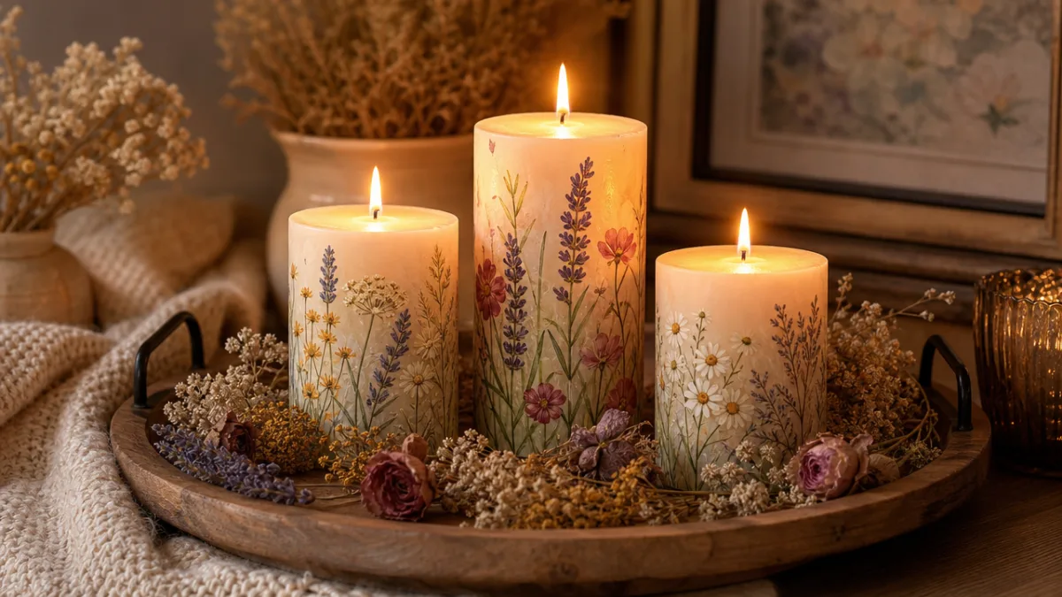 styled display of painted pillar candles on a wooden tray with dried…