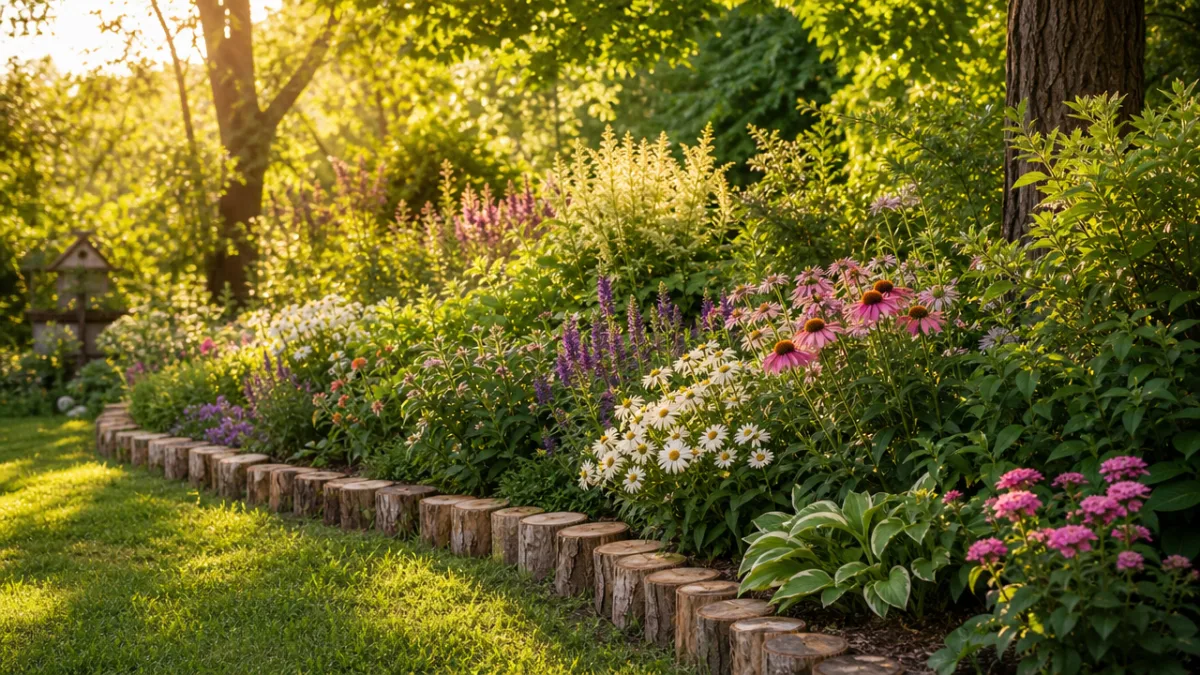 a lush garden border with natural log edging along a flower bed,…