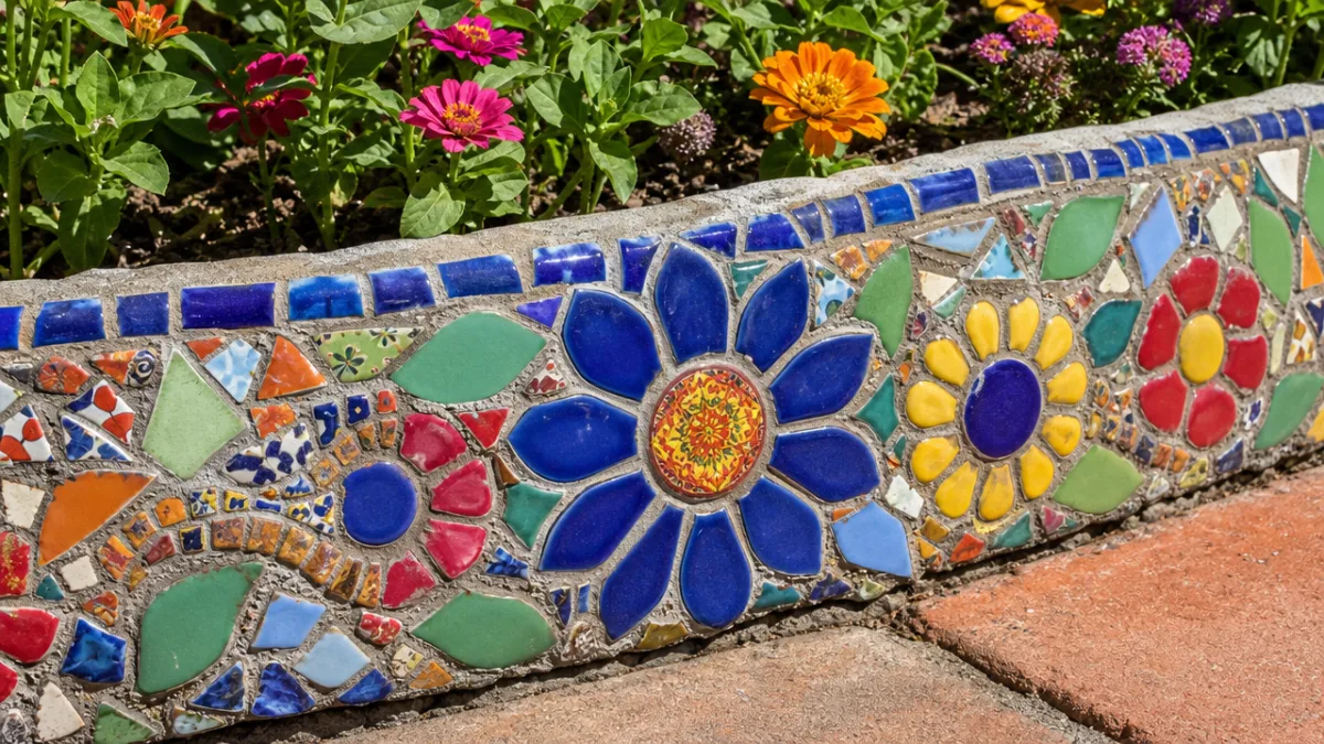 close-up of decorative mosaic tile garden edging with colorful ceramic pieces along…