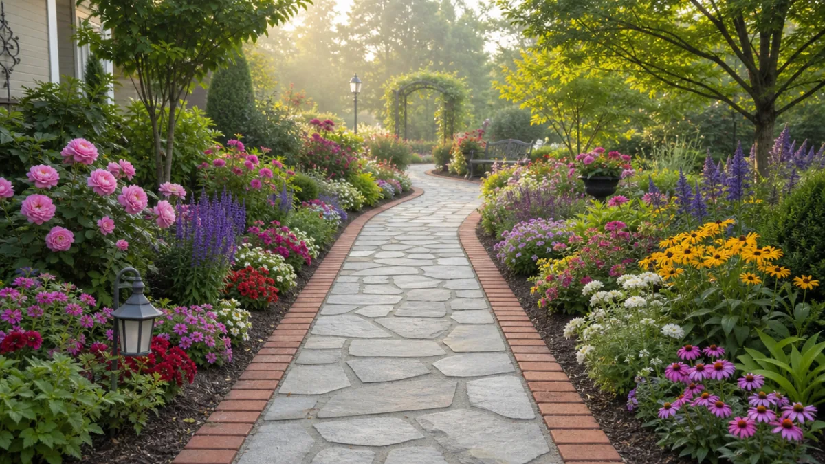 a neatly edged garden pathway with brick borders and colorful flower beds…
