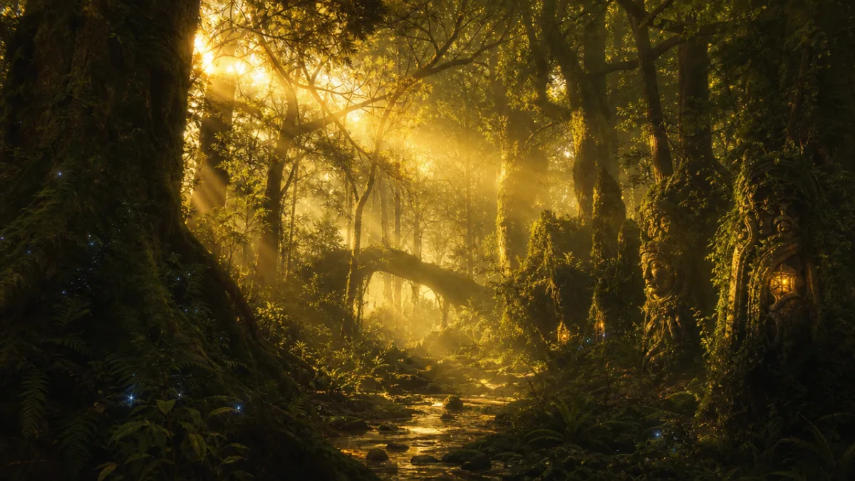 a dense magical forest environment with warm golden volumetric light rays filtering…