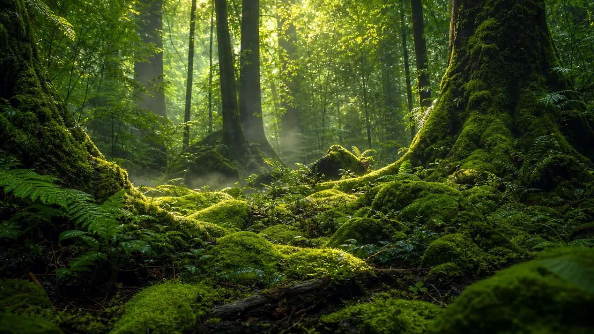 lush forest floor covered in glowing moss and ferns with soft diffused…