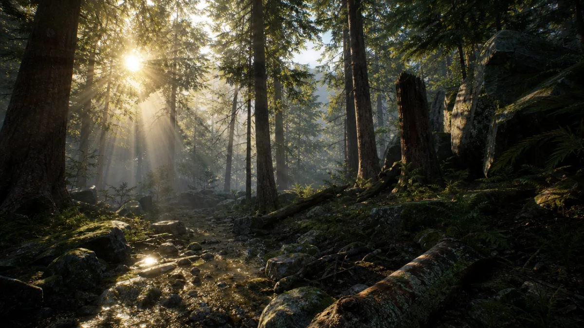 an optimized real-time forest game environment rendered in Unreal Engine with dramatic…