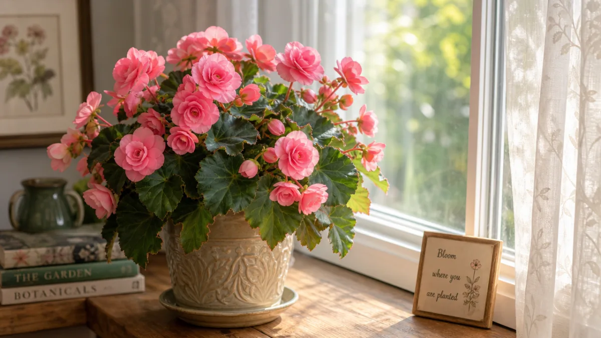 a lush indoor begonia plant with vibrant pink flowers on a wooden…