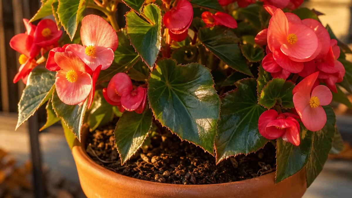 close-up of healthy begonia leaves and blooms with rich soil in a…