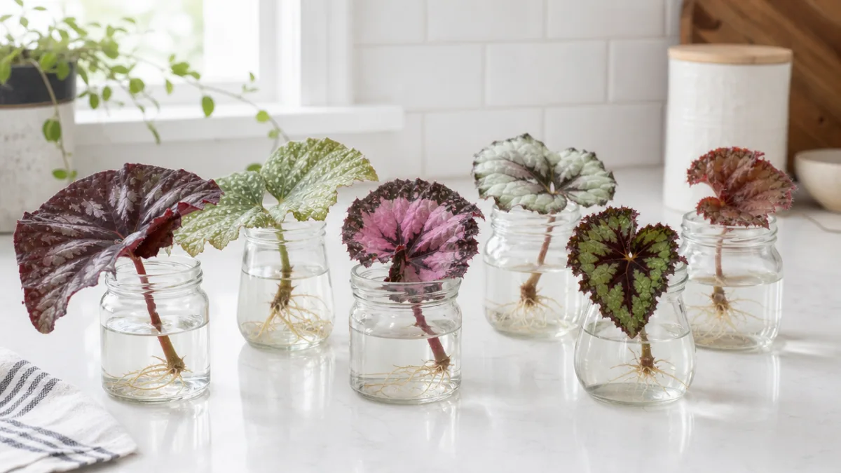 a collection of small begonia cuttings rooting in glass jars on a…