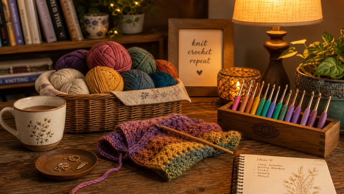 a cozy knitting setup with colorful yarn skeins, a wooden table, warm…