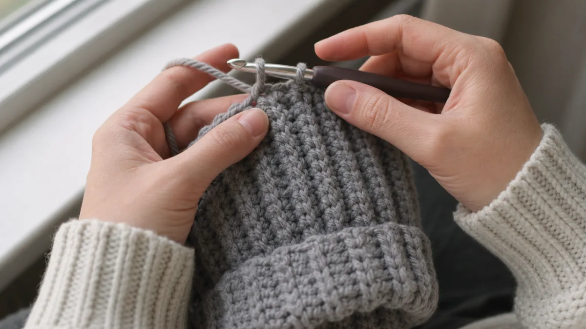 hands crocheting a ribbed beanie with chunky gray yarn, soft natural window…