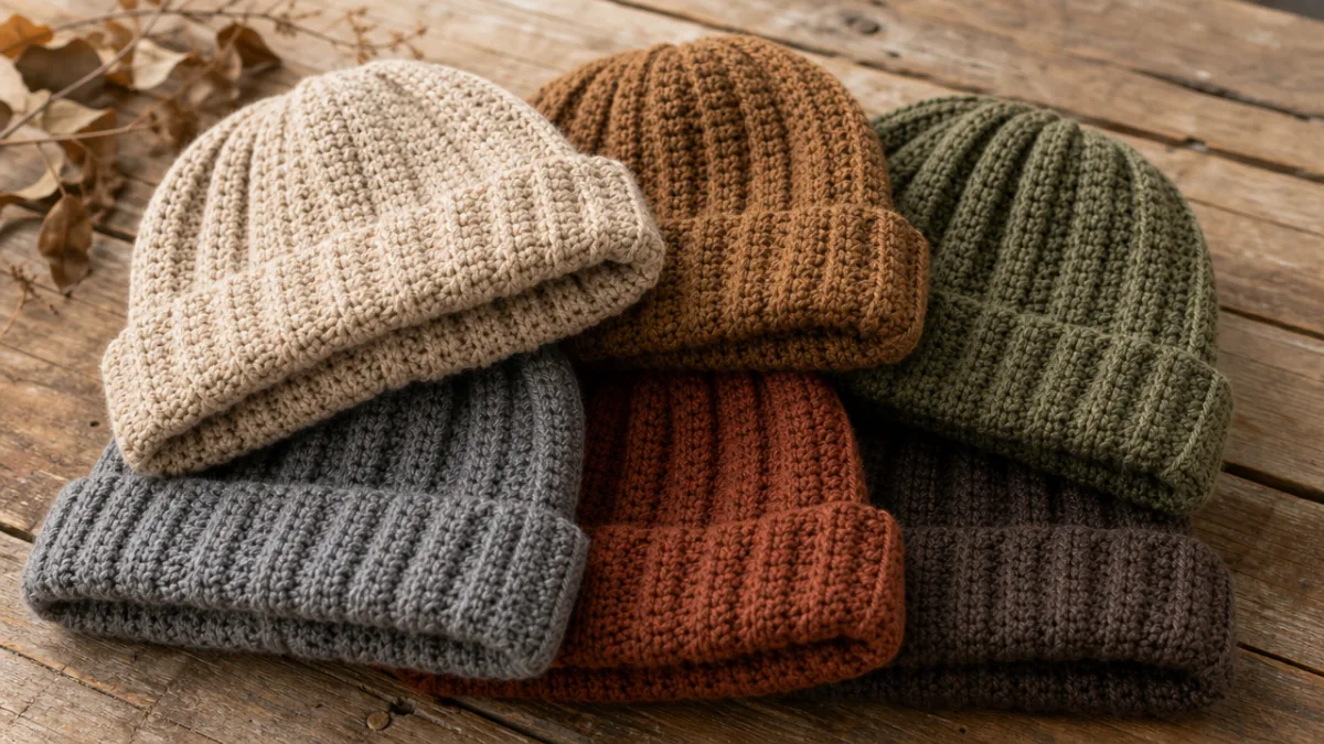 a collection of finished ribbed crochet beanies in earthy tones stacked on…