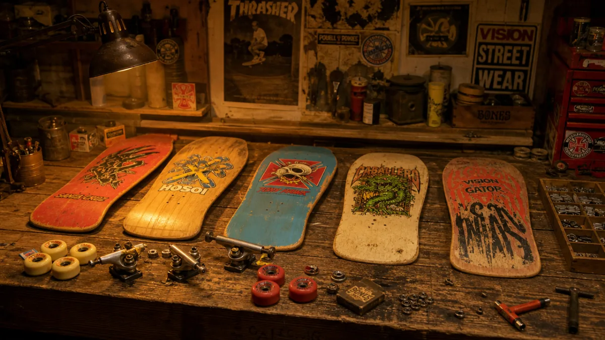 a rustic wooden workshop bench with vintage skateboard decks laid out for…