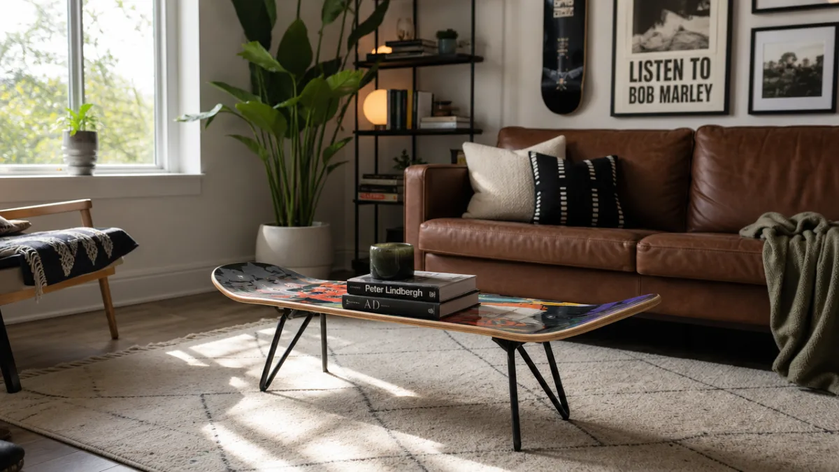 a modern living room with a finished skateboard coffee table as the…