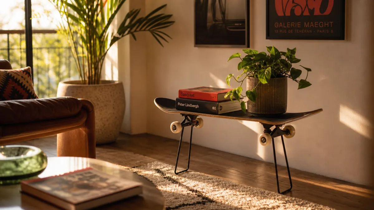 a stylishly decorated living space featuring a skateboard side table with a…