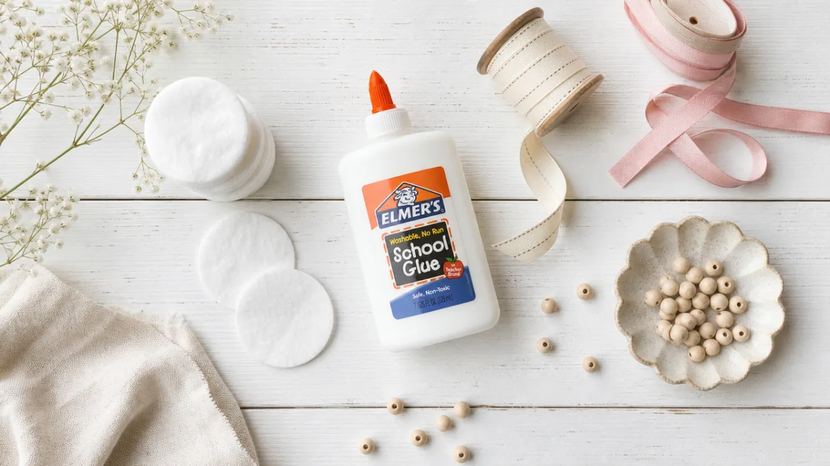 a flat lay of cotton pads, craft glue, ribbons, and tiny wooden…