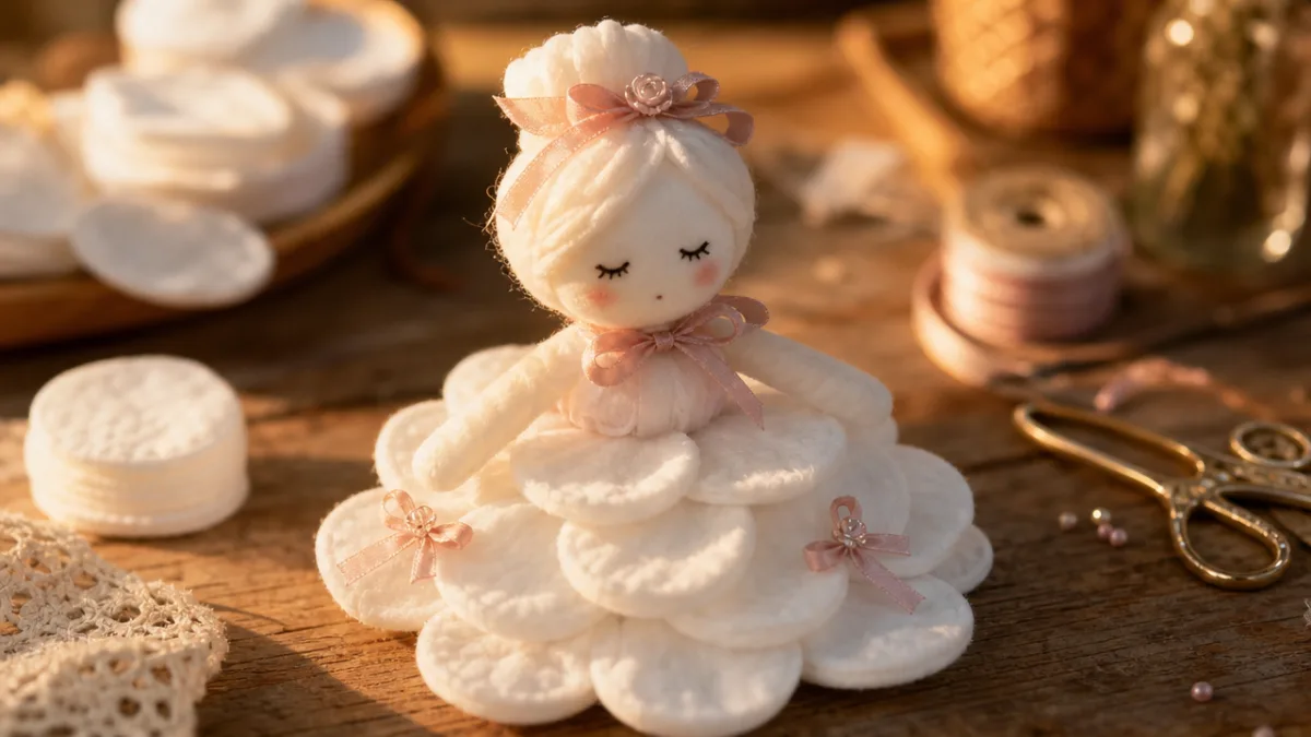 close-up of delicate cotton pad doll with layered skirt and tiny ribbon…