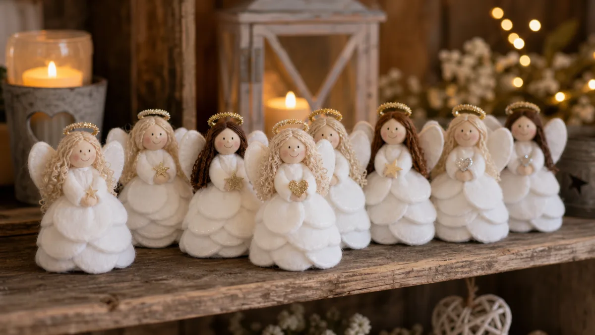 a charming collection of finished cotton pad angel dolls arranged on a…