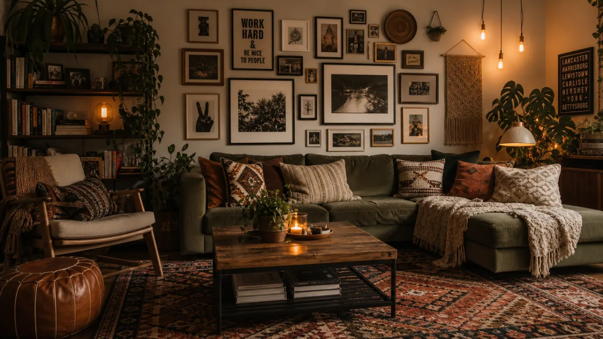 a cozy living room with a DIY gallery wall, warm Edison bulb…